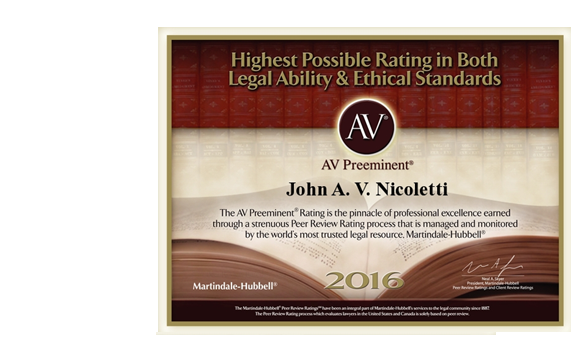 Photo of Martindale-Hubbell AV Preeminent 2016 Award presented to John A. V. Nicoletti